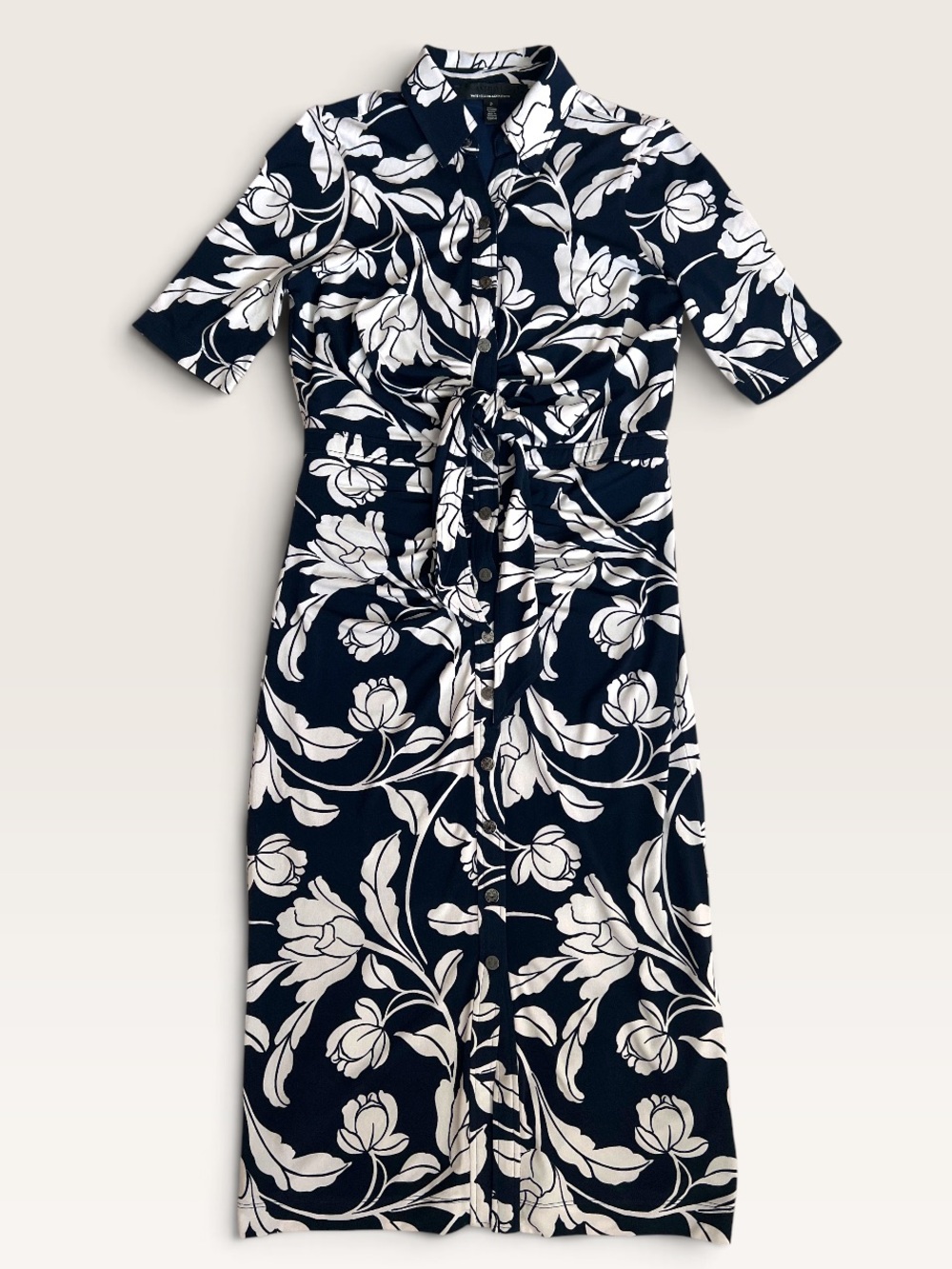 White House Black Market Navy and White Floral Midi Shirt Dress